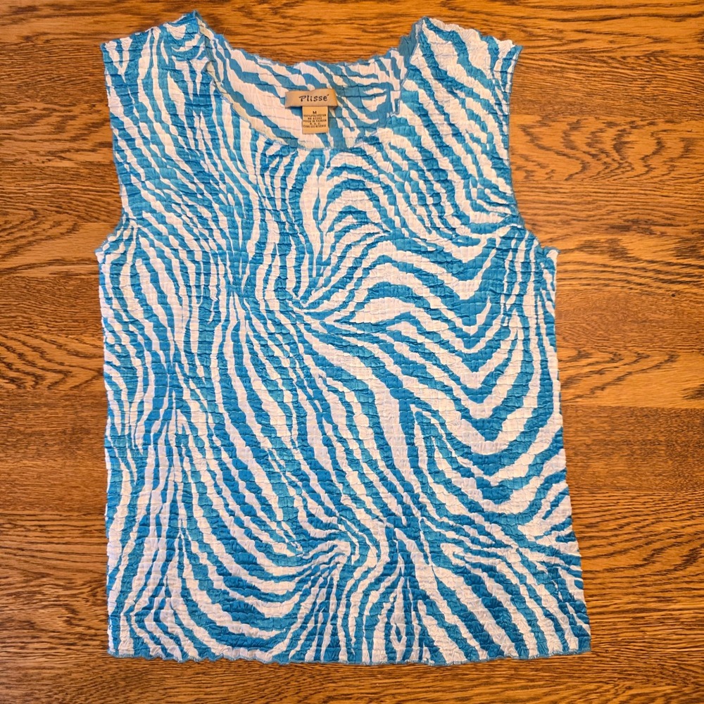Vintage Plisse M Stretch Teal Animal Zebra Crepe Crinkle Textured Tank 90s Y2K - Picture 9 of 9